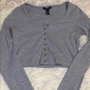 Forever 21 Gray Button Down Long Sleeve Crop Top